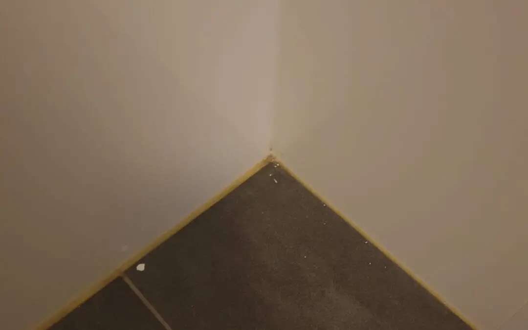 Versleten, dunne kitrand in een badkamerhoek die aan vervanging toe is